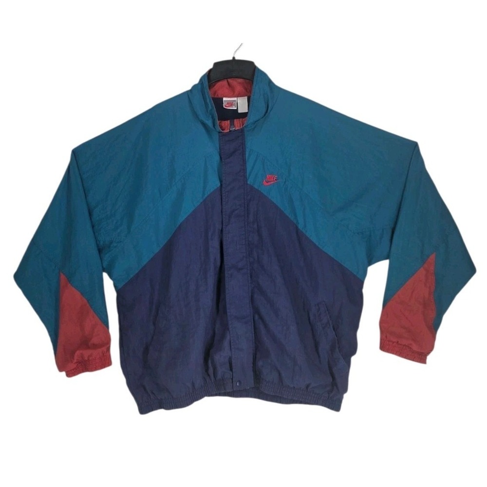 Vtg 80s Nike Colorblock Windbreaker Jacket Mens XL Teal Navy Red Full Zip Retro